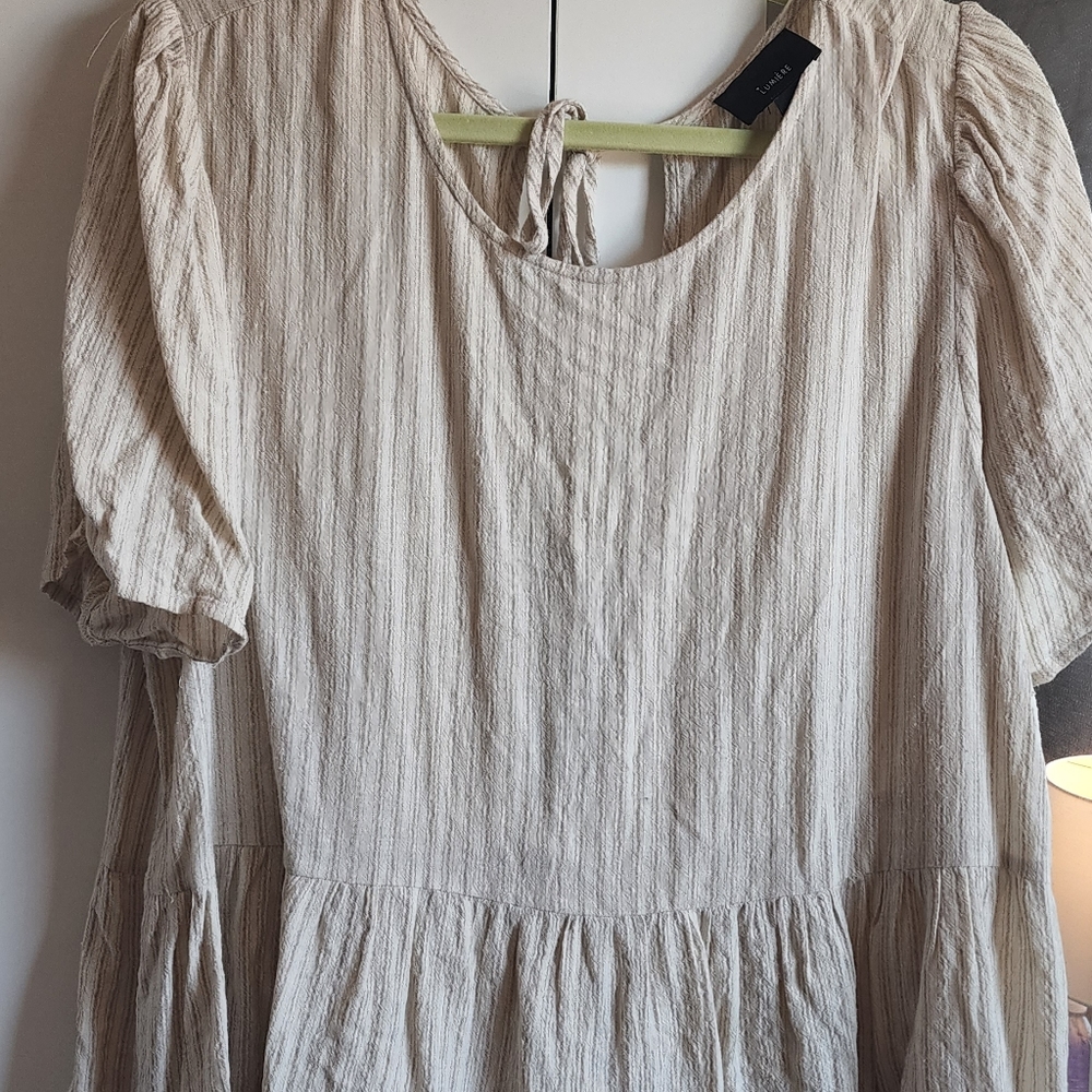 Lumiere Cream Pinstripe Top with Peplum Ruffle and Tie Back